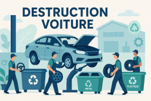 Illustration destruction de voiture dans un centre VHU pour recyclage auto