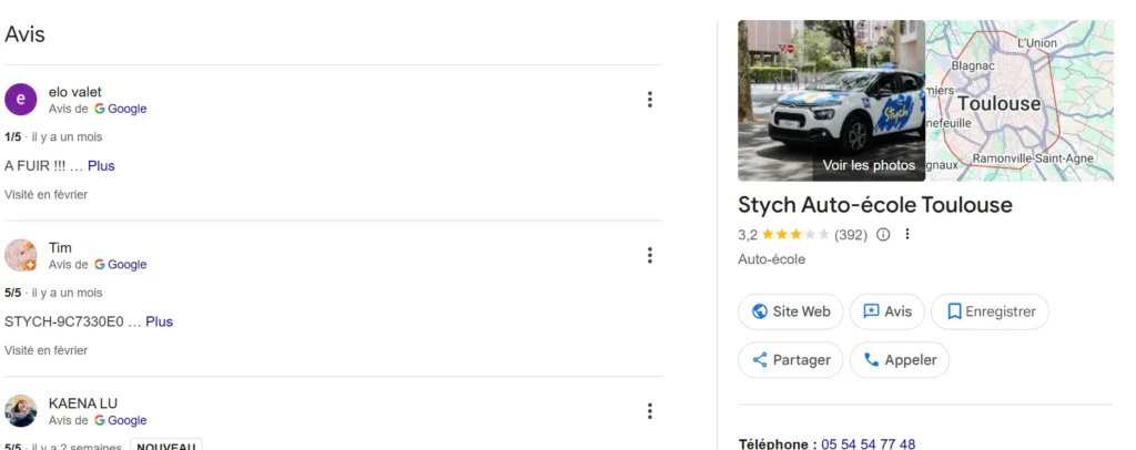 avis sur google sur Stych auto école à Toulouse