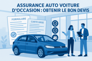 Illustration devis assurance auto voiture d'occasion devant bureau avec documents