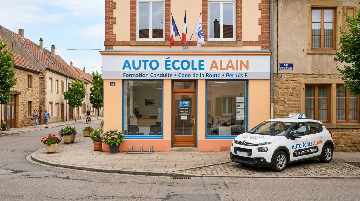 Façade de l'auto-école Alain à Sarrebourg, signalétique claire et accueillante.