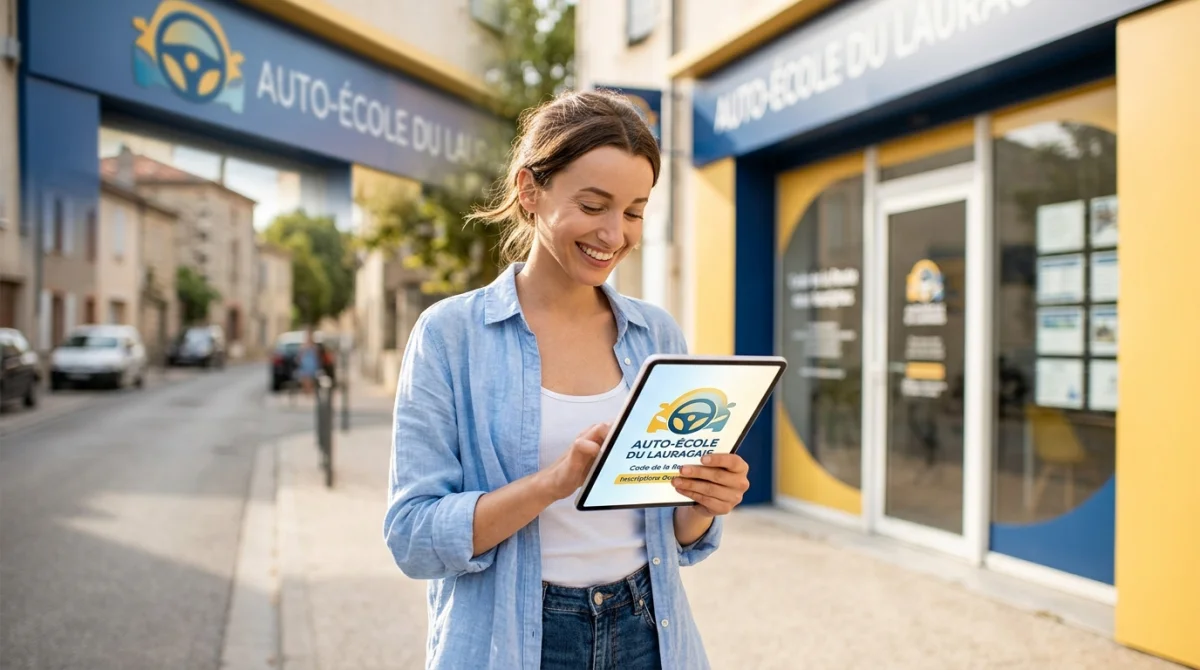 Jeune femme souriante consultant une tablette devant une auto-école à Castelnaudary.