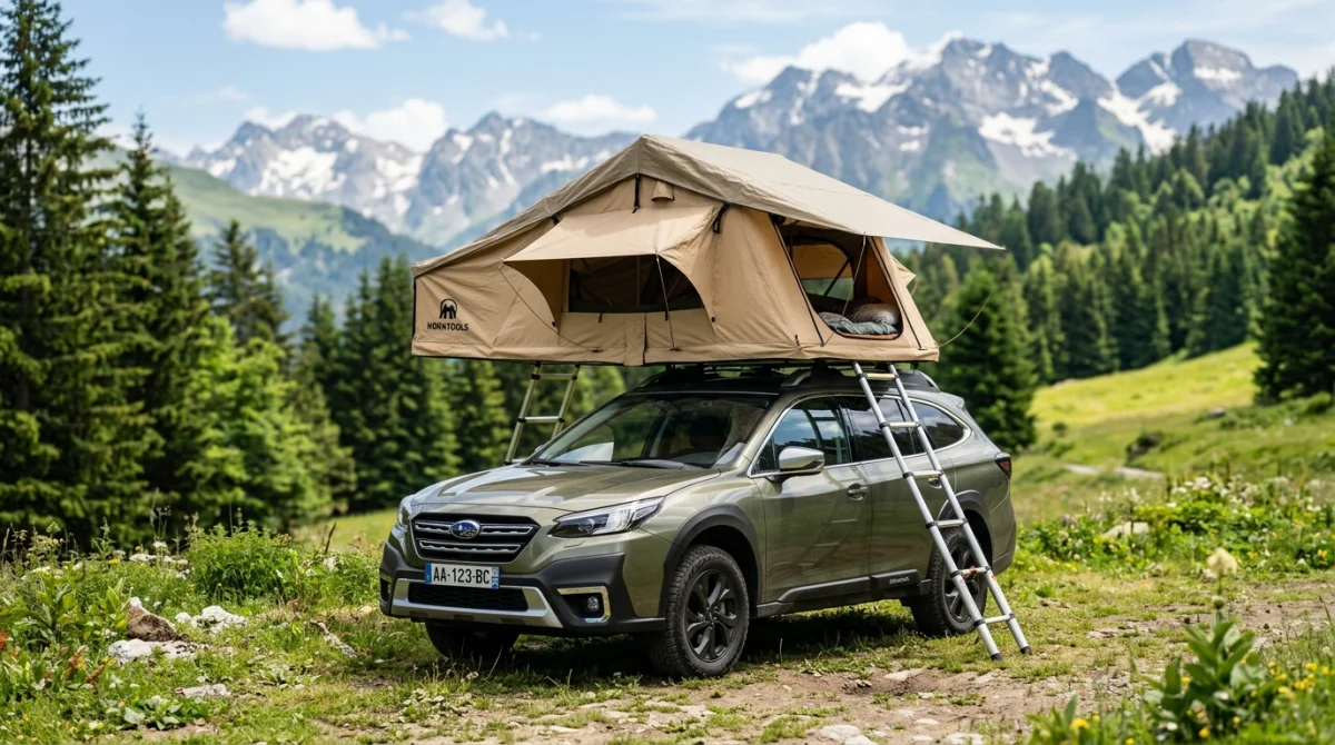 Tente de toit Horntools ouverte sur un SUV dans un paysage naturel ensoleillé