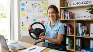 Monitrice d'auto-école souriante tenant un volant, bureau moderne, prix formation moniteur