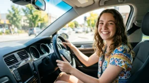 Jeune femme de 17 ans souriante au volant, symbole de réussite pour passer le permis sans conduite accompagnée.