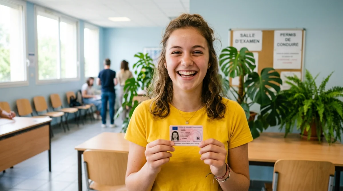 Jeune femme de 17 ans souriante avec son permis de conduire, symbole de réussite.