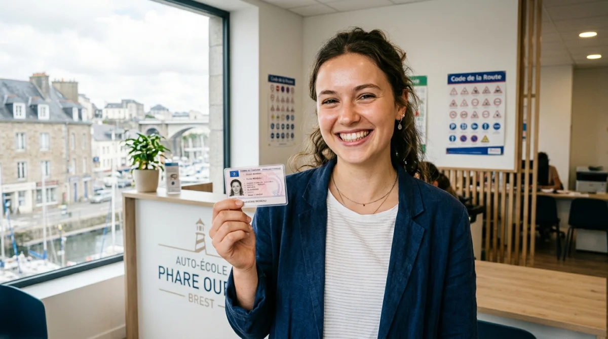 Jeune femme souriante tenant son permis de conduire devant une auto-école à Brest.