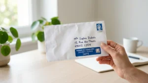 Main tenant une enveloppe de permis de conduire sur un bureau lumineux.