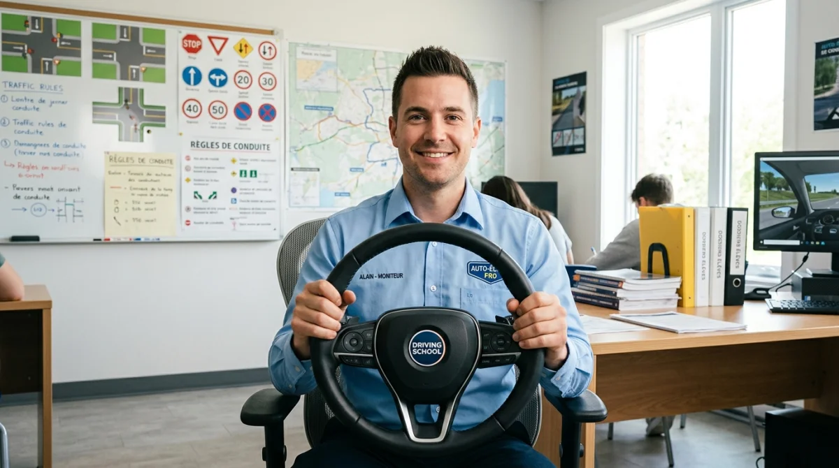 Moniteur auto-école souriant tenant un volant dans une salle de formation moderne.