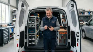 Artisan souriant inspectant l'intérieur organisé d'une camionnette utilitaire compacte idéale pour travailler sans permis utilitaire.