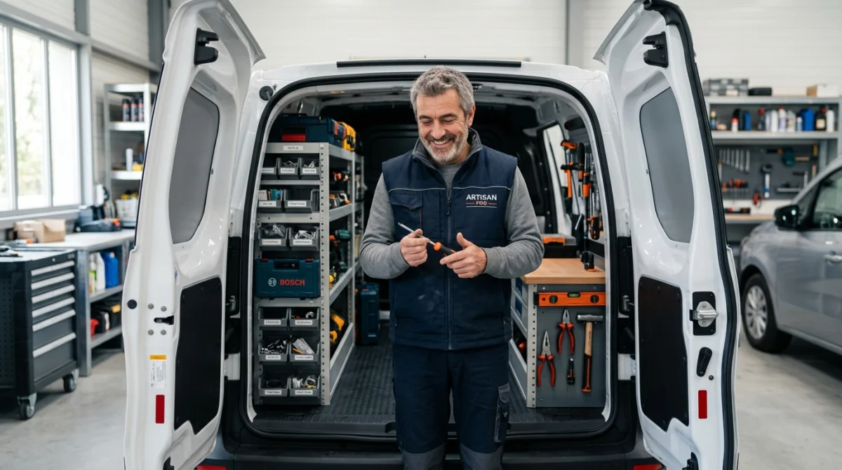 Artisan souriant inspectant l'intérieur organisé d'une camionnette utilitaire compacte idéale pour travailler sans permis utilitaire.