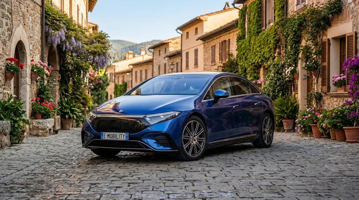 Berline électrique moderne bleu outremer stationnée dans une rue pavée européenne, illustrant une marque de voiture en Y.