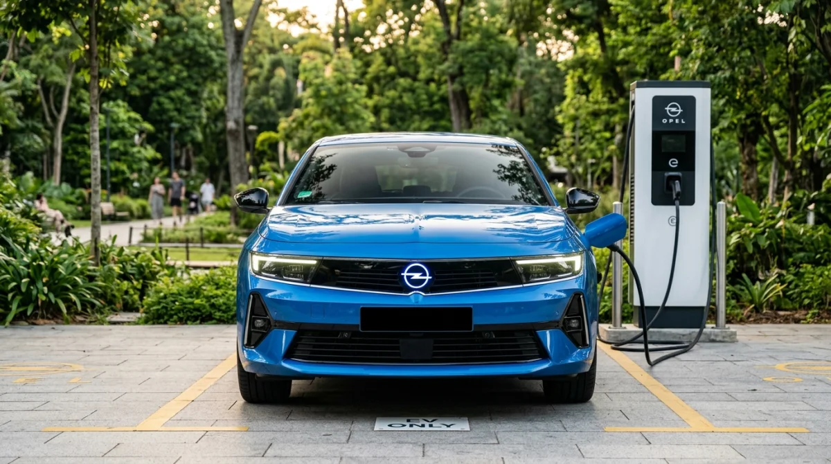 Berline électrique Opel avec calandre Vizor lumineuse en recharge dans un parc urbain verdoyant et moderne.