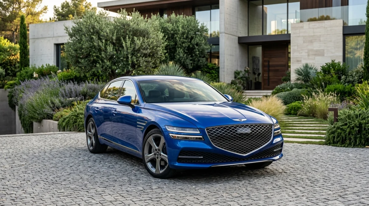 Berline de luxe Genesis bleue garée devant une villa moderne, illustrant une élégante marque de voiture en g.