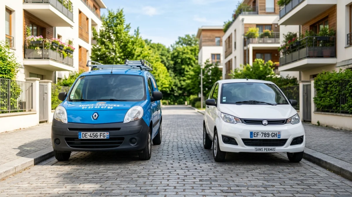 Camionnette utilitaire et voiture sans permis garées côte à côte dans une rue résidentielle moderne et verdoyante.
