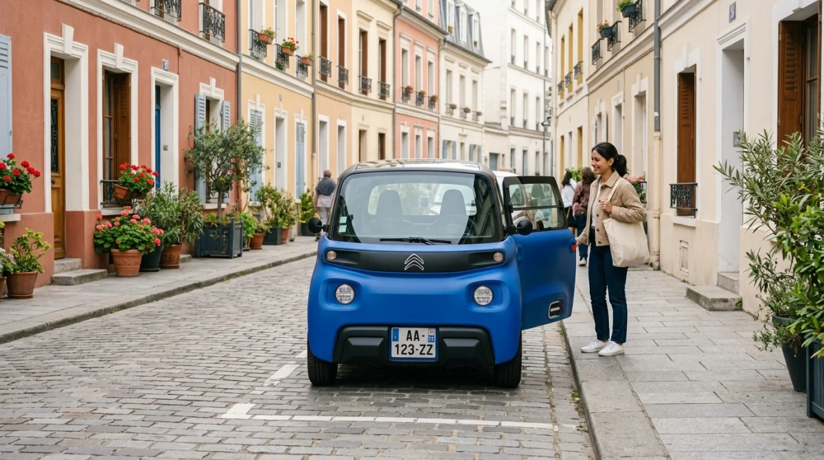 Citroën Ami bleu électrique stationnée dans une rue urbaine avec une personne à côté du véhicule.