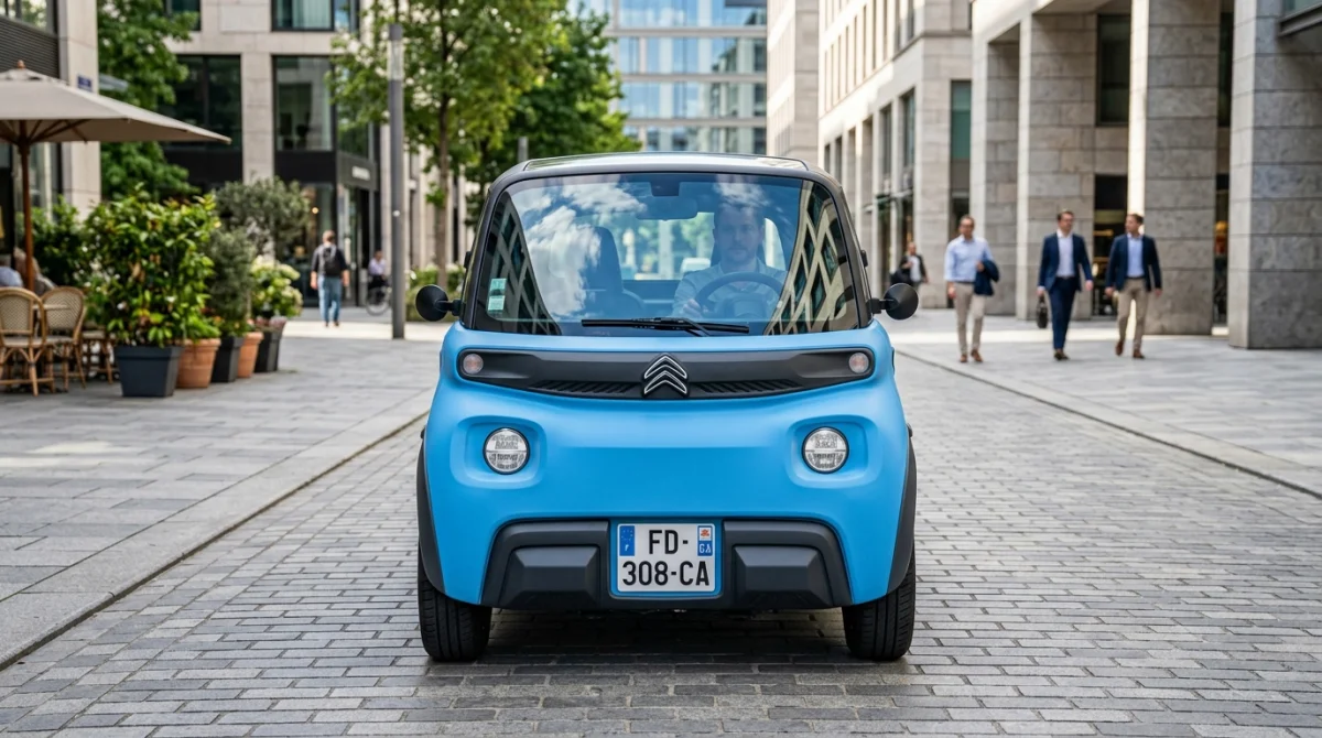 Voiture sans permis Citroën Ami moderne stationnée dans une rue urbaine contemporaine et lumineuse.
