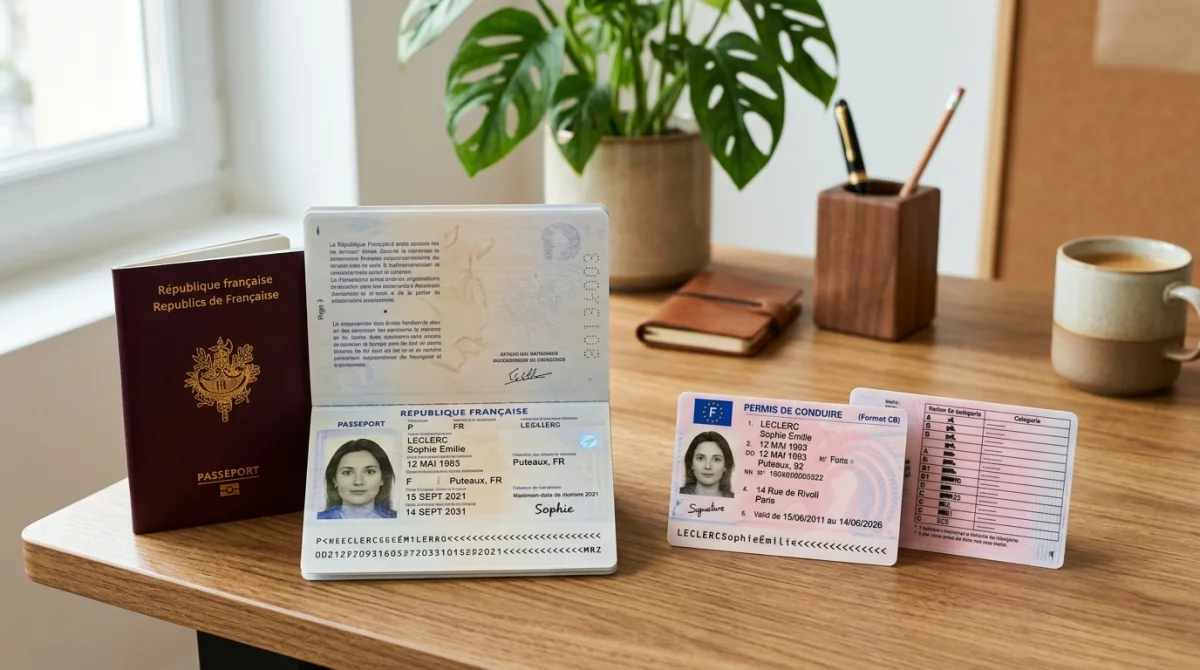 Passeport ouvert et permis de conduire national sur une table en bois pour illustrer comment avoir un permis international.
