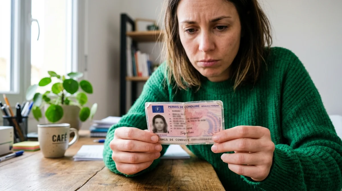 Personne examinant un vieux permis de conduire français usé pour préparer sa demande de permis international.