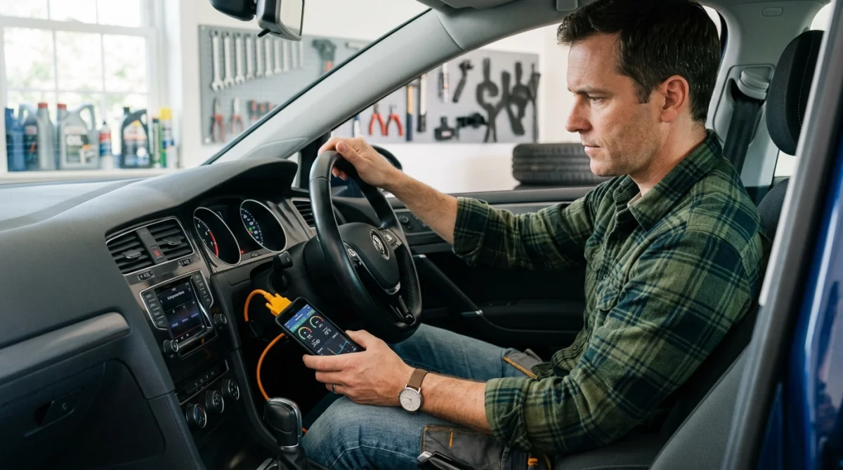 Mécanicien utilisant une valise de diagnostic OBD pour comprendre ce que signifie le voyant moteur orange allumé.