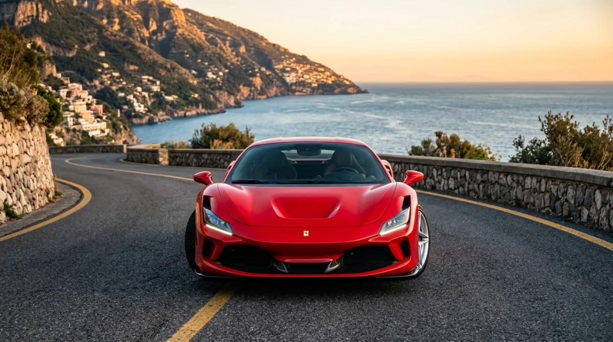 Voiture de sport Ferrari rouge emblématique roulant sur une route côtière pittoresque au coucher du soleil.