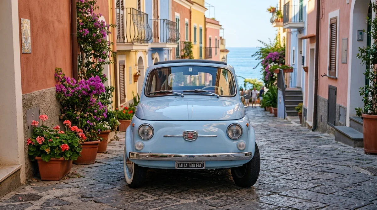 Citadine Fiat aux lignes élégantes garée dans une rue pittoresque d'un village italien en bord de mer.