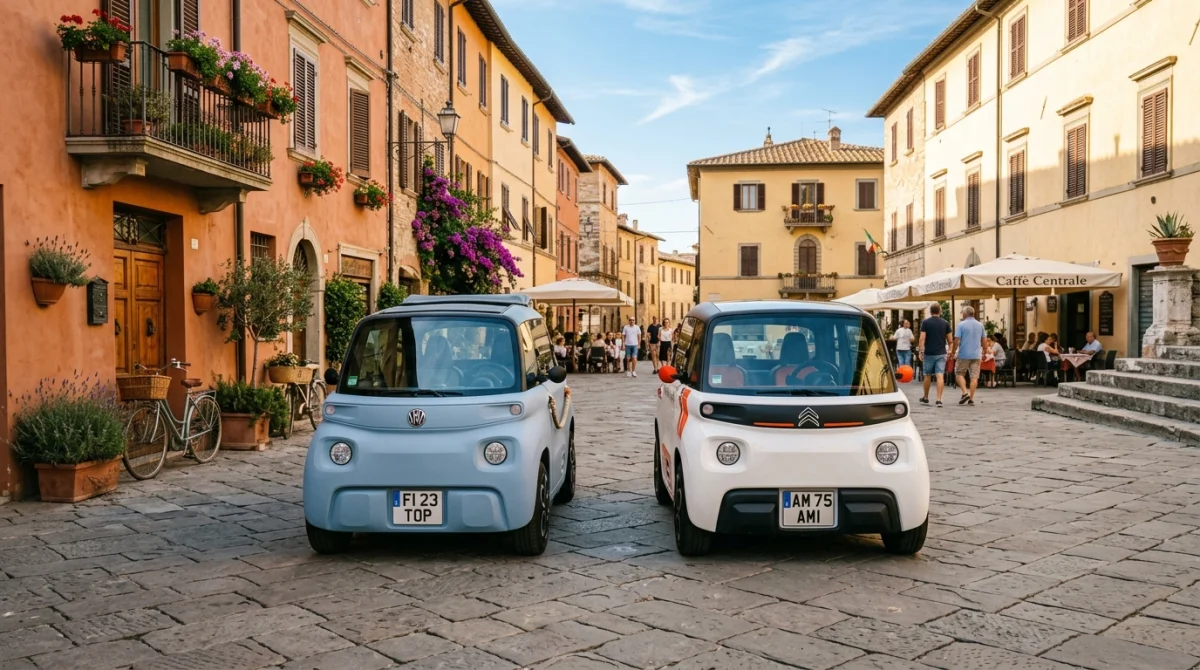 Fiat Topolino et Citroën Ami garées côte à côte sur une place de village italienne ensoleillée.