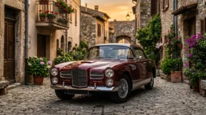 Voiture de collection rare commençant par la lettre E garée dans une ruelle pavée au soleil couchant.