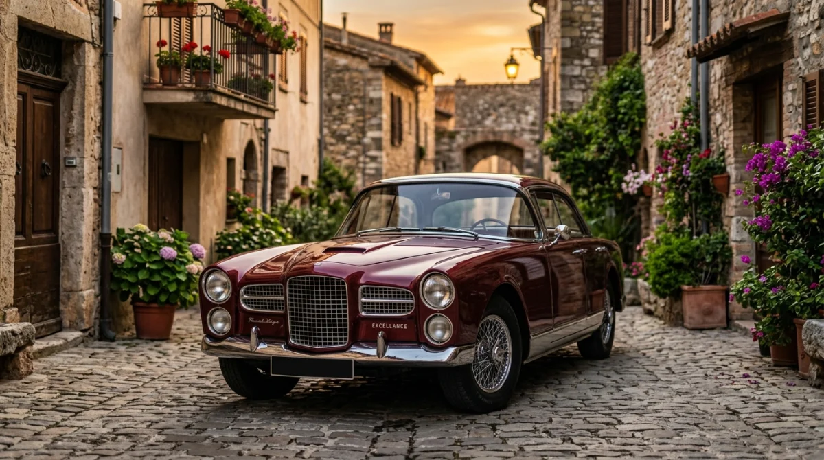 Voiture de collection rare commençant par la lettre E garée dans une ruelle pavée au soleil couchant.
