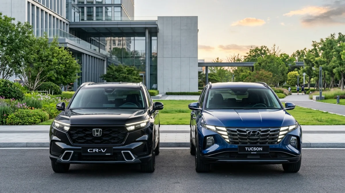 Deux voitures modernes Honda et Hyundai garées côte à côte dans un paysage urbain contemporain et élégant.