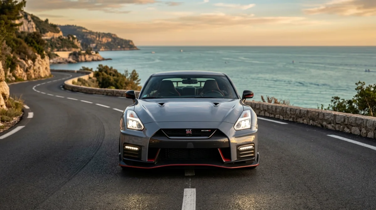 Nissan GT-R Nismo moderne sur une route côtière, illustrant une marque de voiture en N élégante et performante.