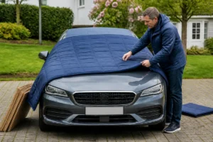 Personne installant une couverture de protection matelassée sur une voiture pour la protéger de la grêle.