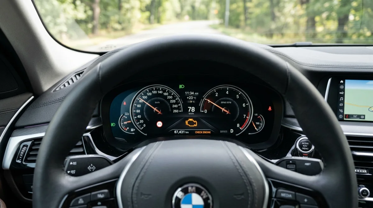 Tableau de bord de voiture moderne affichant le voyant moteur orange allumé pour signaler un problème technique.