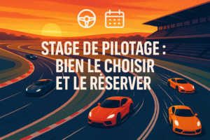 Stage de pilotage sur circuit automobile moderne au coucher du soleil