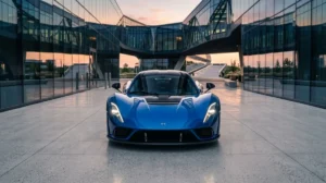 Supercar Hennessey Venom F5 bleue garée devant un complexe architectural futuriste, illustrant une prestigieuse marque de voiture en h.