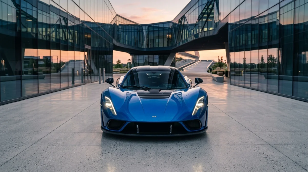 Supercar Hennessey Venom F5 bleue garée devant un complexe architectural futuriste, illustrant une prestigieuse marque de voiture en h.