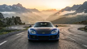 Supercar Noble bleue aux lignes aérodynamiques sur une route de montagne au lever du soleil, marque de voiture en N.