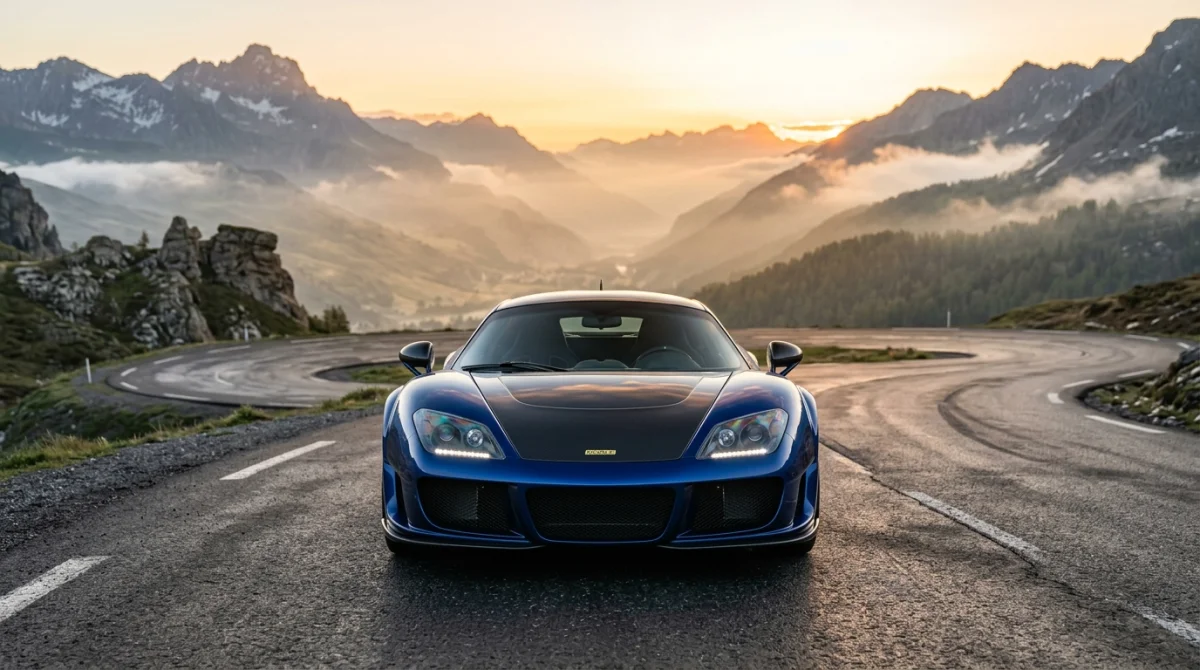 Supercar Noble bleue aux lignes aérodynamiques sur une route de montagne au lever du soleil, marque de voiture en N.