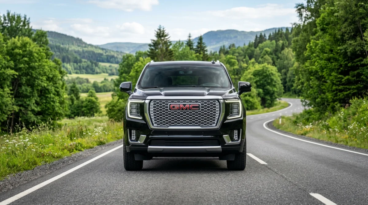 SUV GMC moderne et imposant circulant sur une route panoramique verdoyante, illustrant une marque de voiture en G.
