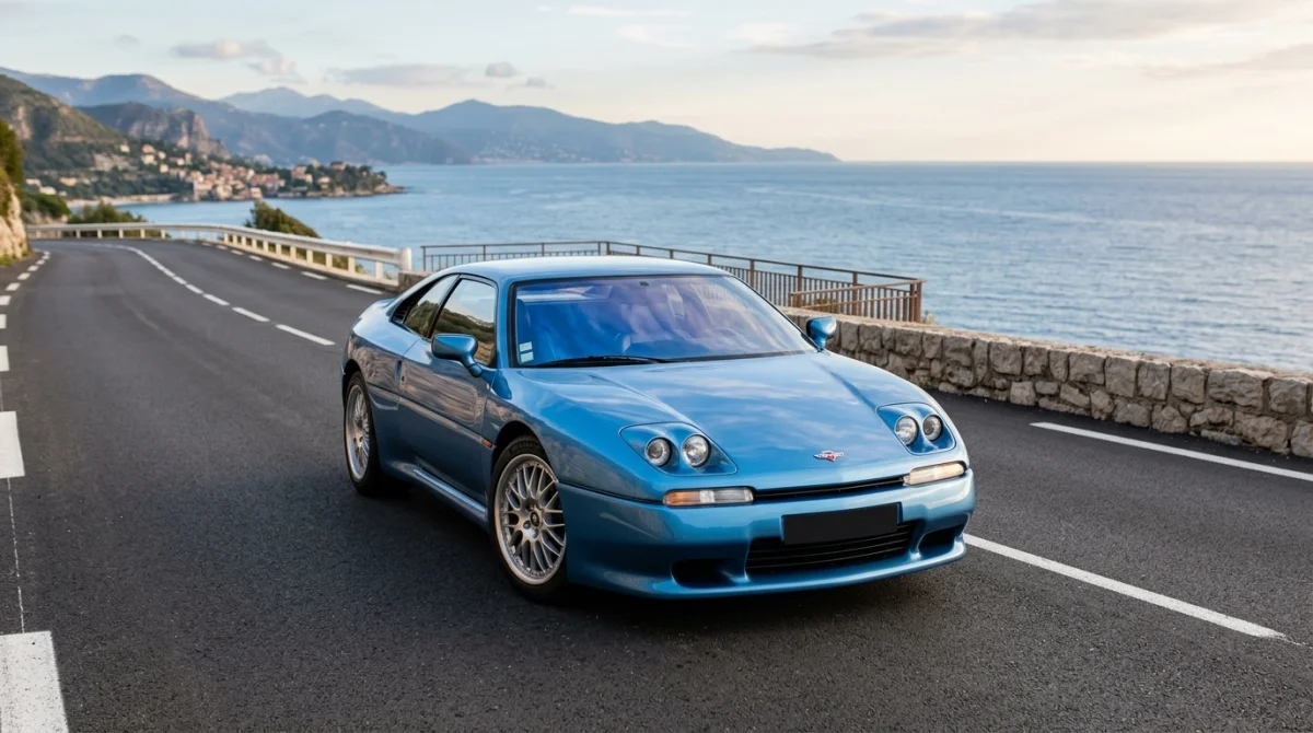 Supercar Venturi Atlantique sportive garée sur une route côtière, illustrant une marque de voiture en V luxueuse.