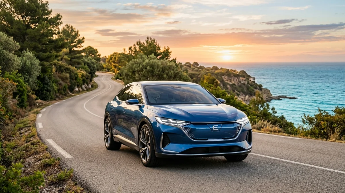 Voiture électrique au design futuriste circulant sur une route côtière ensoleillée, illustrant une marque de voiture en e.