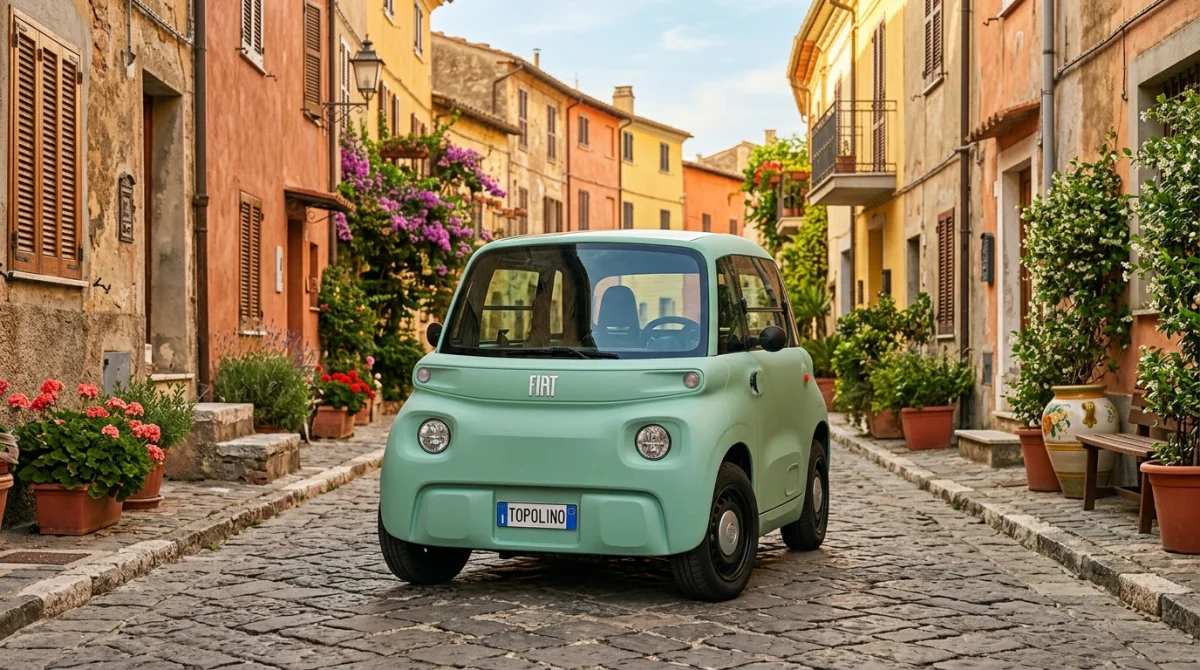 Petite voiture électrique sans permis Fiat Topolino vert menthe stationnée dans une rue pavée d'un village italien.