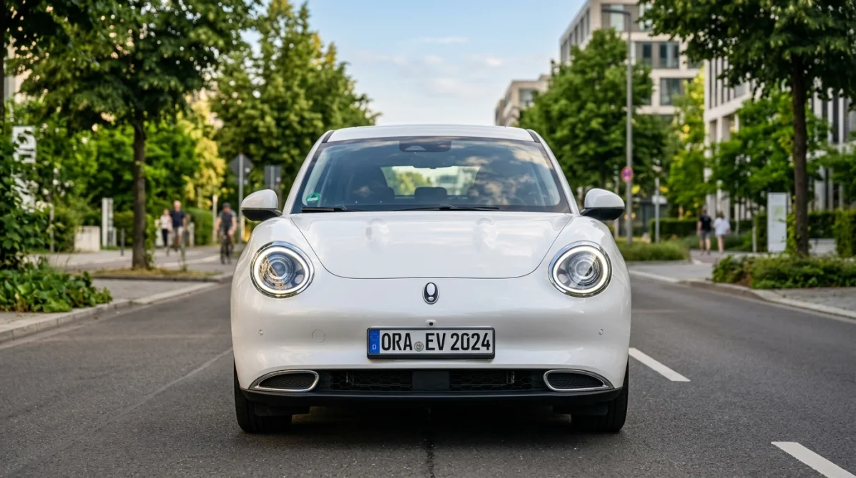 Voiture électrique moderne de la marque Ora au design futuriste stationnée dans une rue urbaine végétalisée.