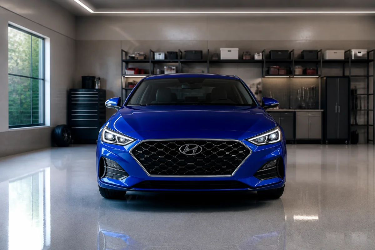 Voiture berline bleue garée en sécurité dans un garage privé pour la protéger efficacement de la grêle.