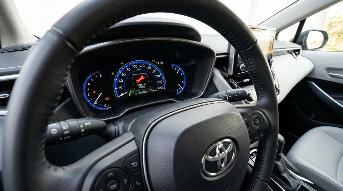 Voyant de maintenance en forme de clé à molette rouge allumé sur le tableau de bord d'une voiture Toyota.