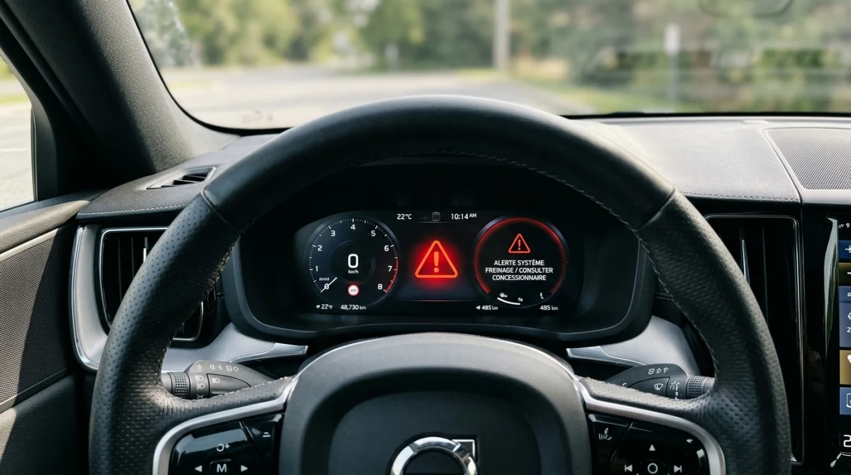 Voyant point d'exclamation rouge allumé sur le tableau de bord d'une voiture moderne indiquant une alerte technique.