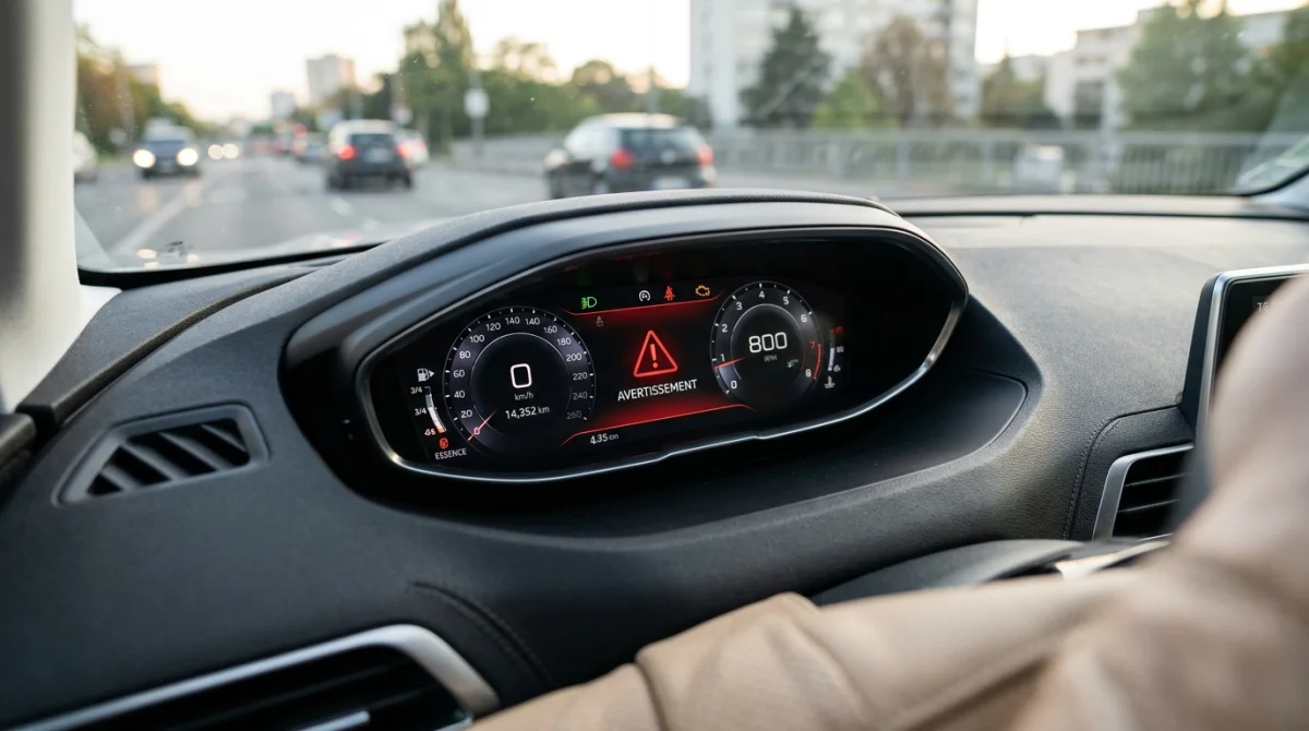Voyant rouge en forme de triangle avec un point d'exclamation sur le tableau de bord d'une voiture moderne.