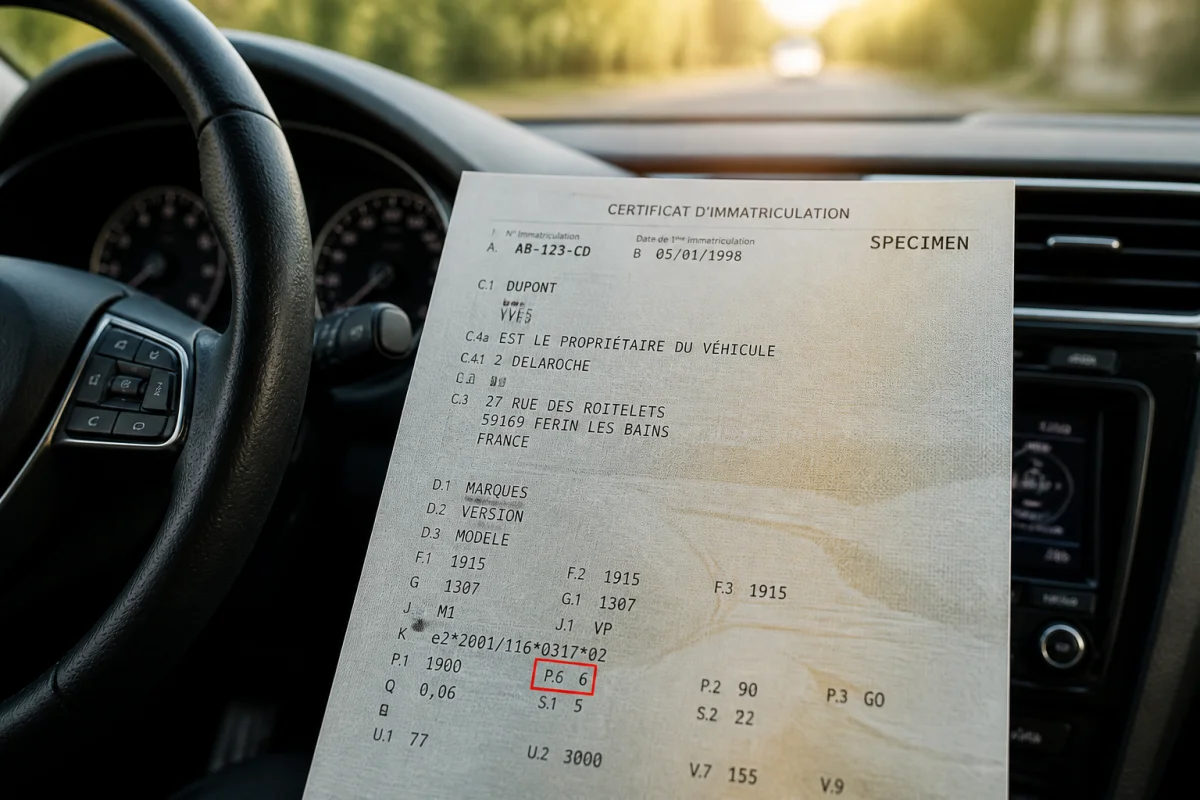 Carte grise posée sur un tableau de bord pour identifier la puissance fiscale et les chevaux du véhicule.