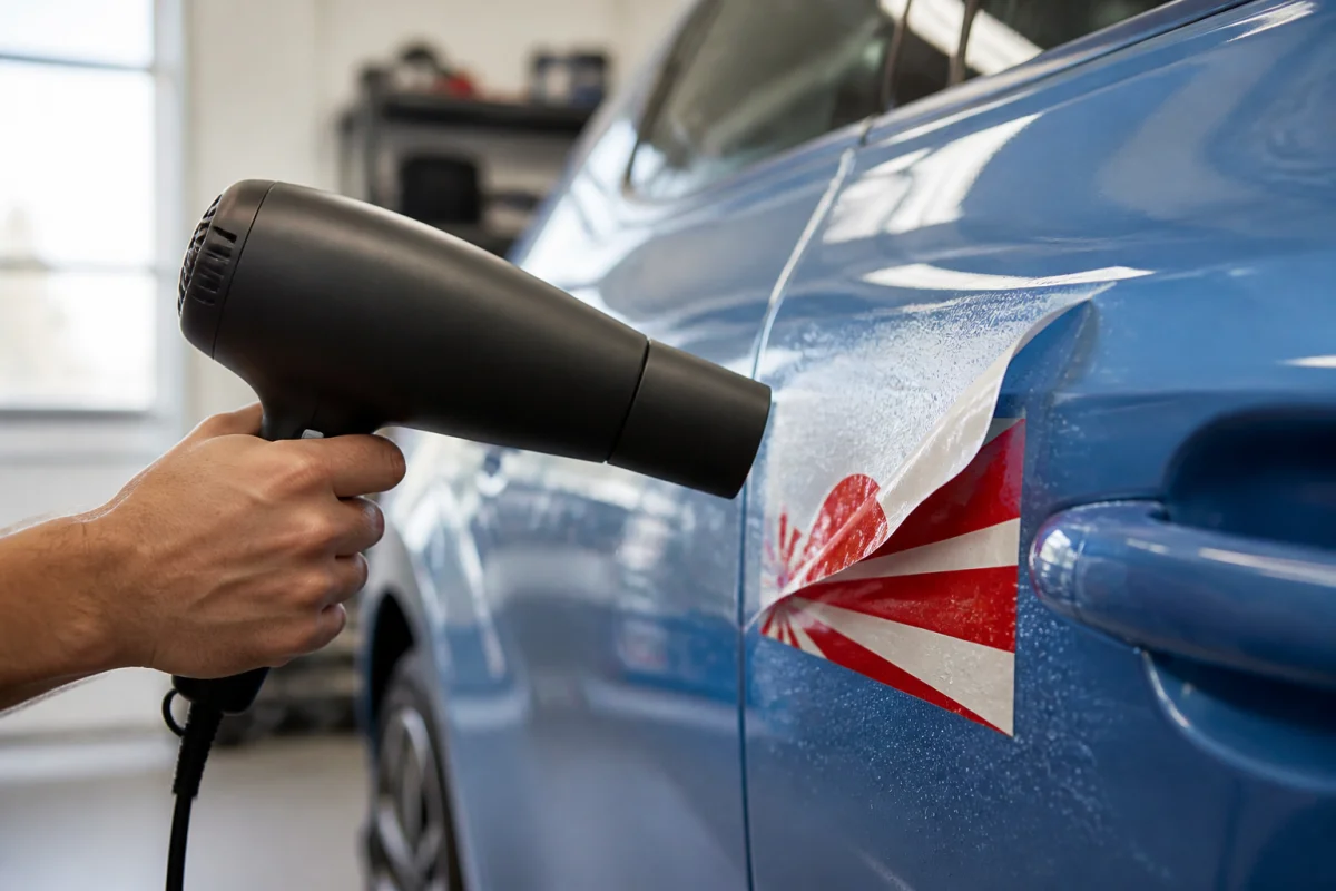 Une main utilise un sèche-cheveux pour chauffer et retirer délicatement un autocollant sur une carrosserie de voiture bleue.