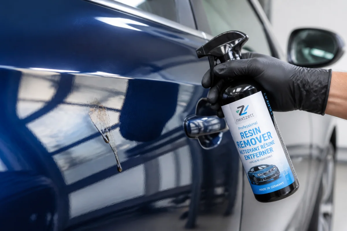 Main gantée appliquant un spray nettoyant sur une tache de sève pour nettoyer la carrosserie d'une voiture.