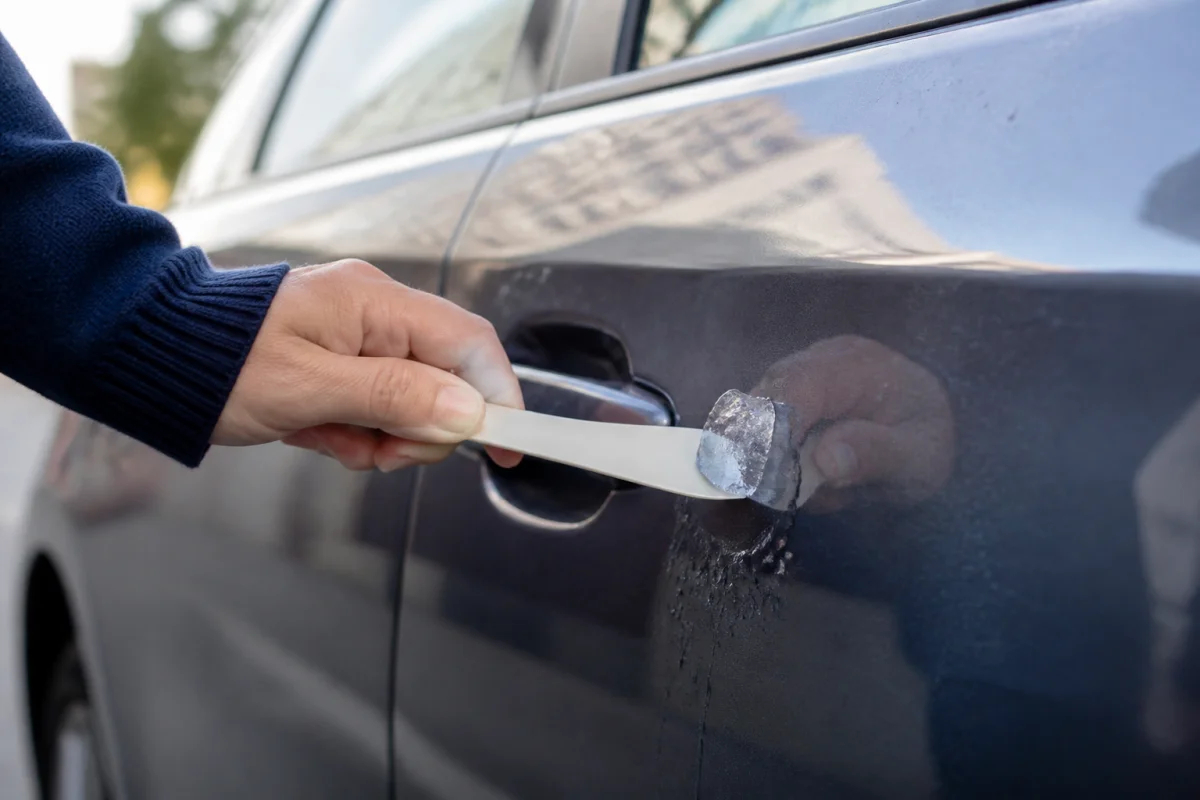 Une personne utilise une spatule en plastique et un glaçon pour enlever délicatement de la sève sur une carrosserie.